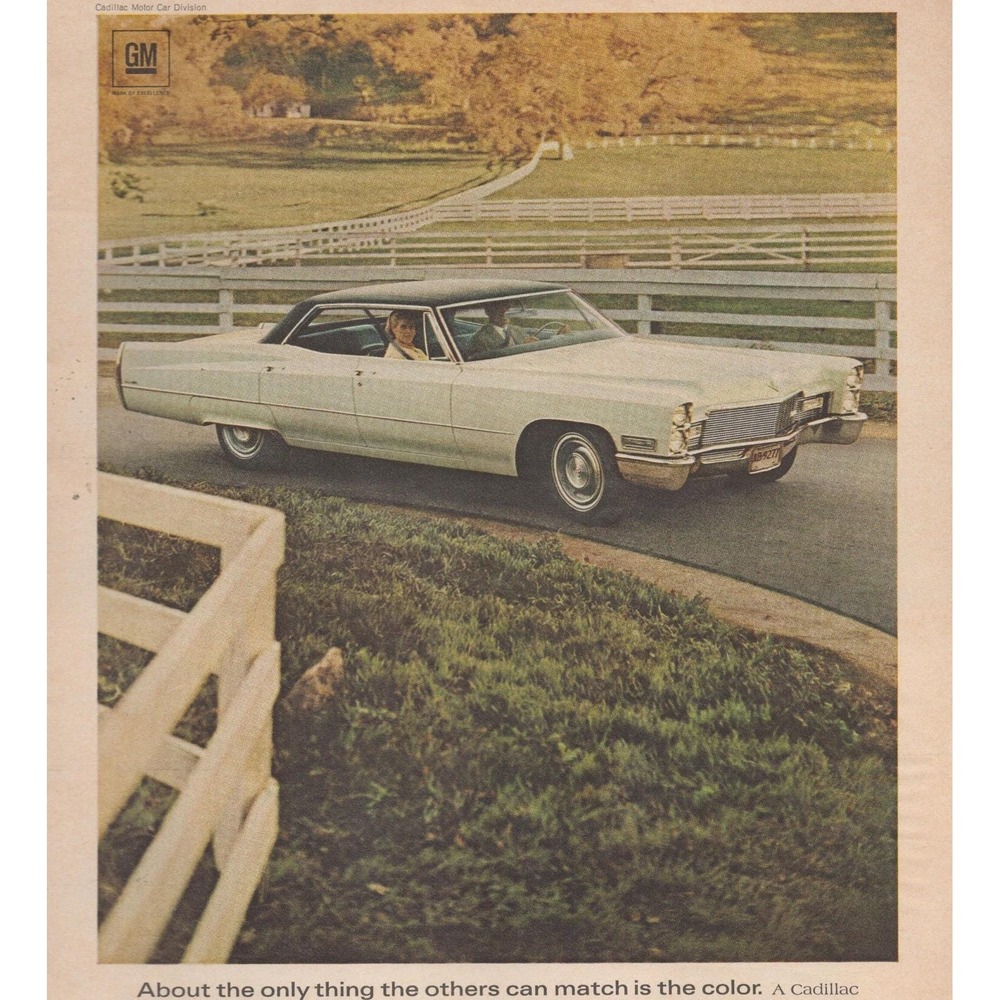 Vintage 1968 Cadillac Print Ad White Luxury Sedan Country Drive Horse Country